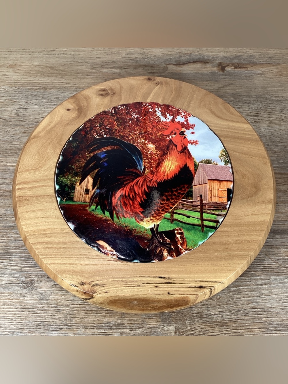 Wood & Ceramic 12” Rooster Lazy Susan